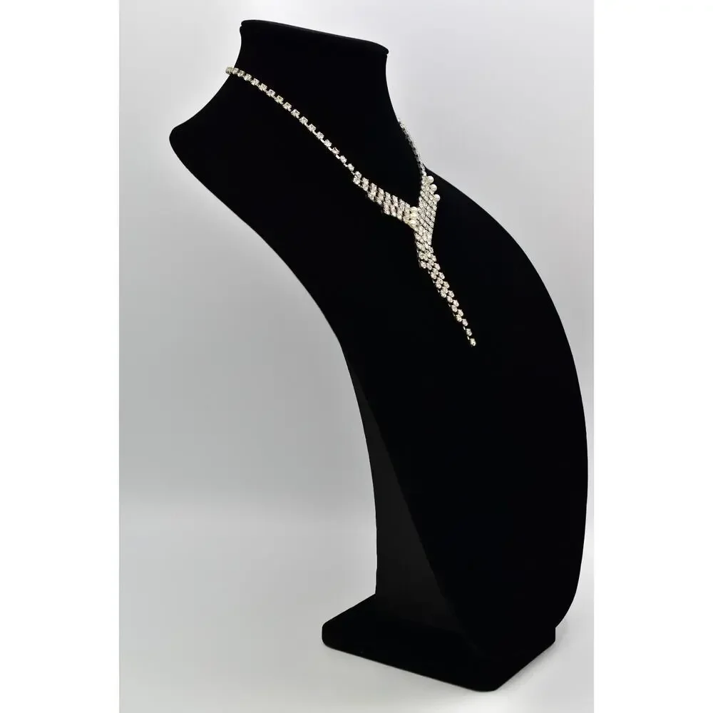 Vintage Crystal Collar Choker Necklace Pearl Silver Chunky Glam 1980s BinBJ
